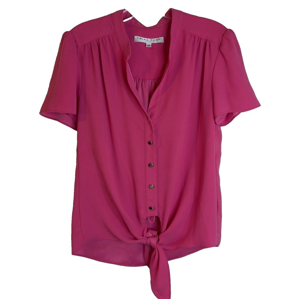 Trina Turk Pink short-sleeve blouse Button Up Tie Bottom Size Small